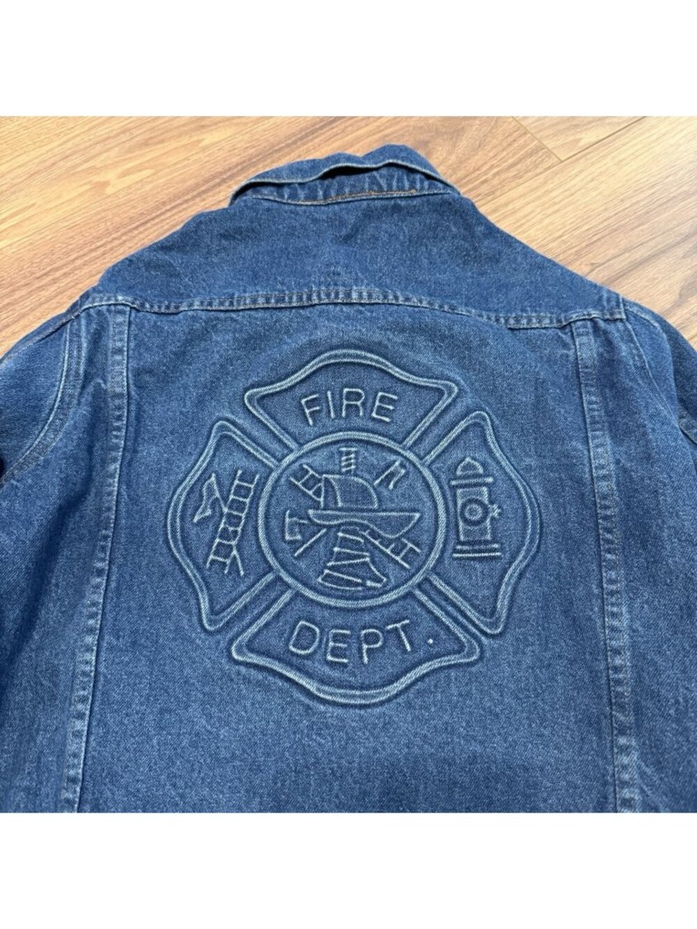 Vintage Fire Dept Denim Jacket Blue Medium Wash Embossed Made in USA Small